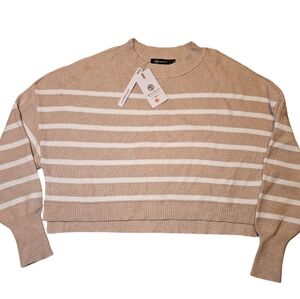 MEROKEETY Women's Long Sleeve Crew Neck Striped Crop Sweater Ribbed Knit Pullove